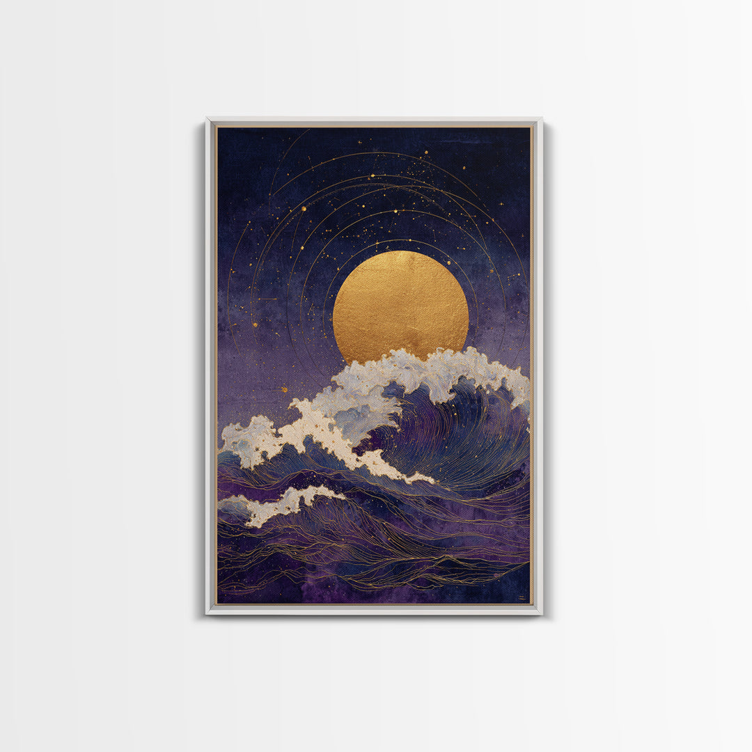 Golden Sun over Abstract Ocean Waves Canvas Print, Celestial Art, Statement Artwork, Living Room Decor, Fine Art, Celestial, CEL-2x3-79