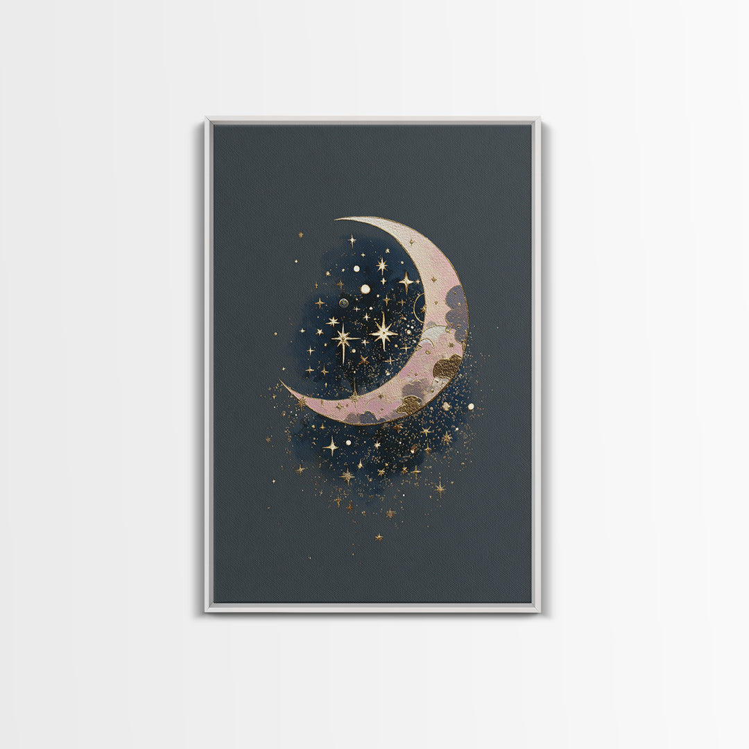 Crescent Moon Cradling a Cluster of Stars Canvas Print, Celestial Art, Art Print, Living Room Decor, Fine Art, Celestial, CEL-2x3-9