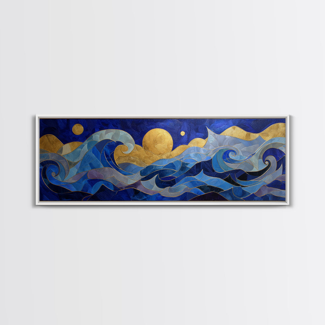 Golden Sun over Abstract Ocean Waves Framed Canvas Print, Celestial Art, Art Nouveau Decor, Living Room Decor, Celestial, CEL-3x1-15