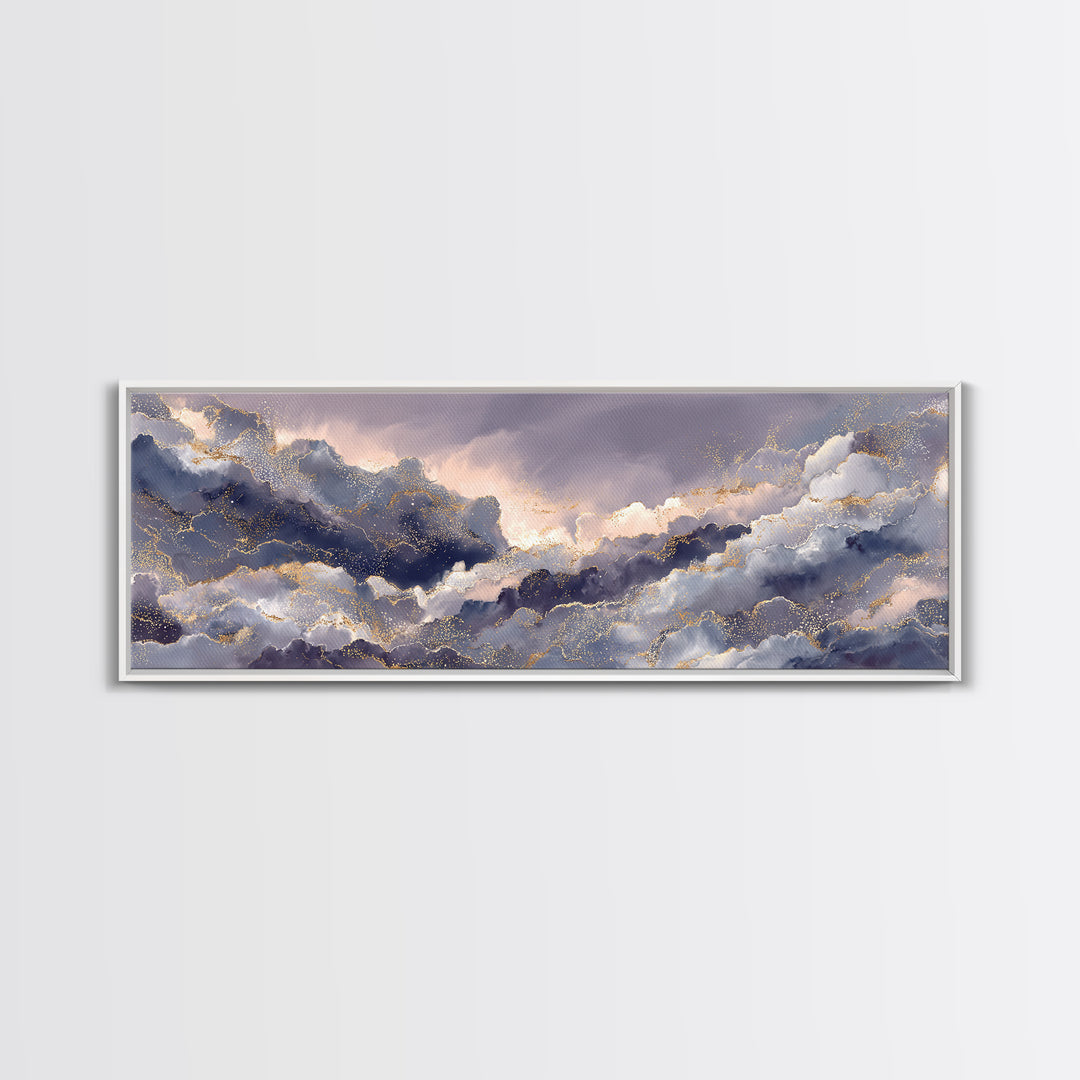 Moonlit Cloudscape with Silver Highlights Canvas Print, Celestial Art, Watercolor Painting, Living Room Decor, Abstract Art, CEL-3x1-49