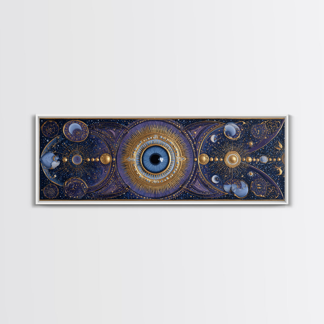 Mystic Eye Surrounded by Moons and Constellations Framed Canvas Print, Celestial Art, Art Print, Living Room Decor, Celestial, CEL-3x1-56