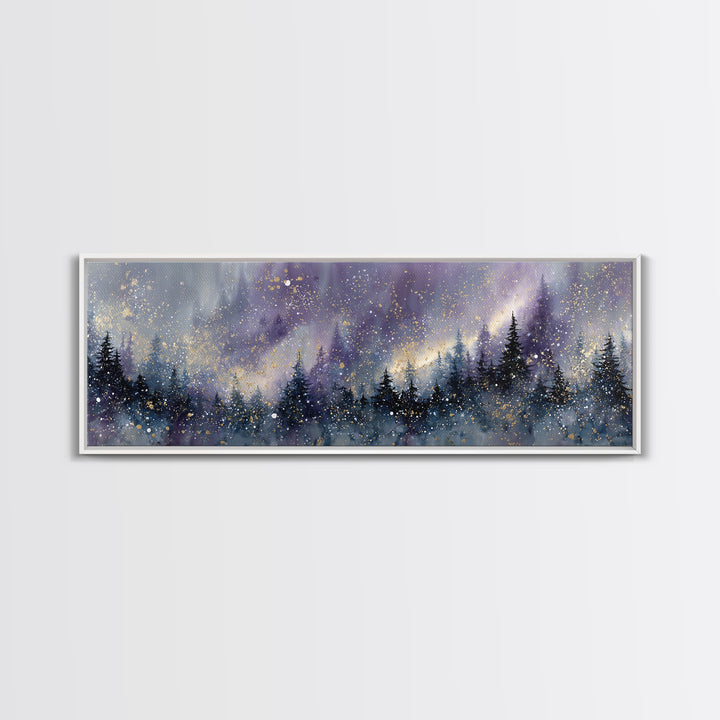 Aurora Borealis over Snowy Pines Framed Canvas Print, Celestial Art, Retro Wall Art, Living Room Decor, Fine Art, Celestial, CEL-3x1-57