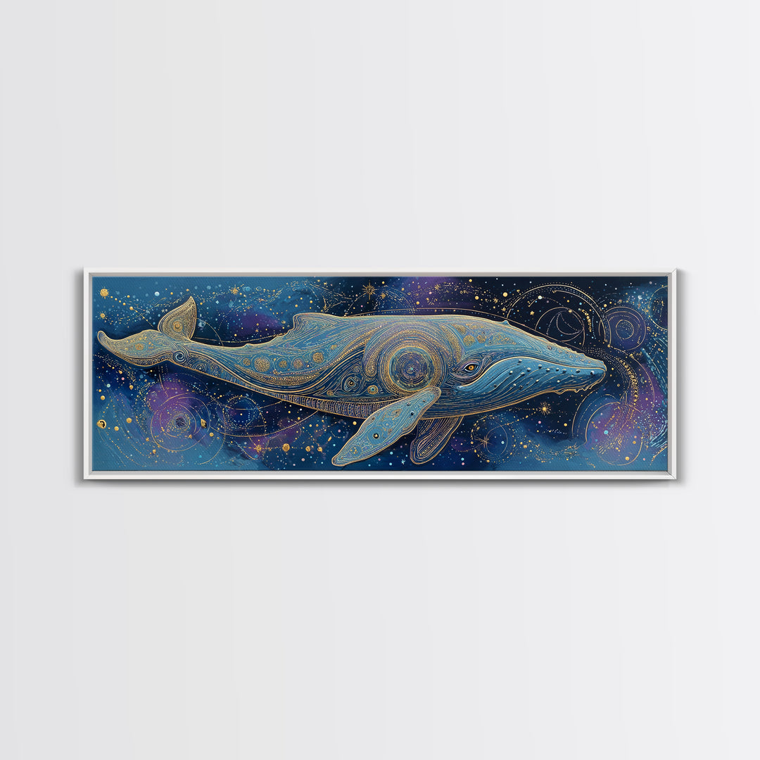 Cosmic Whale Swimming Through a Star Field Framed Canvas Print, Celestial Art, Modern Art, Living Room Decor, Celestial, CEL-3x1-69