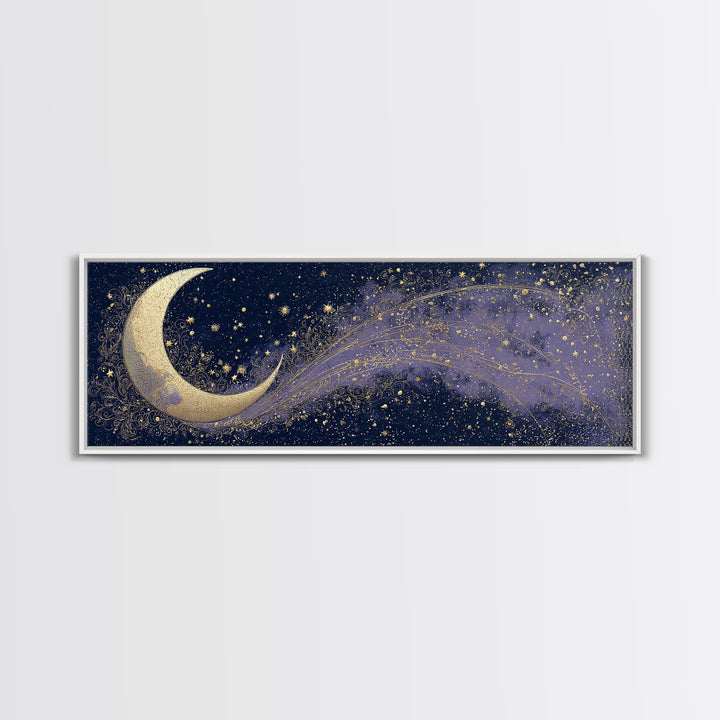 Crescent Moon Cradling a Cluster of Stars Canvas Print, Celestial Art, Digital Download Art, Living Room Decor, Celestial, CEL-3x1-89