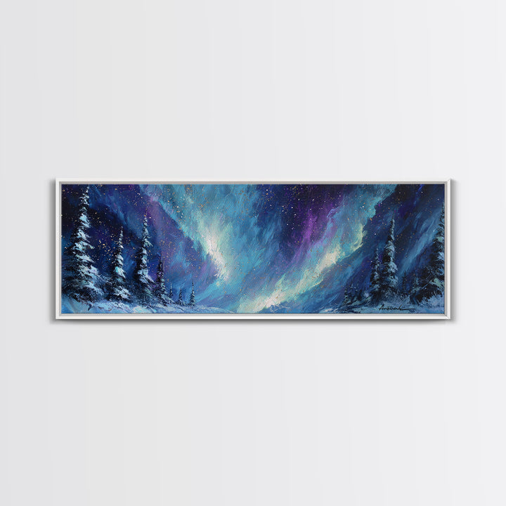 Aurora Borealis over Snowy Pines Framed Canvas Print, Celestial Art, Digital Art, Living Room Decor, Fine Art, Celestial, CEL-3x1-9