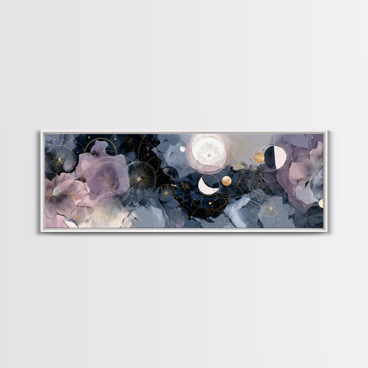 Lunar Phase Arc Above Delicate Botanicals Canvas Print, Celestial Art, Digital Art, Living Room Decor, Fine Art, Celestial, CEL-3x1-92