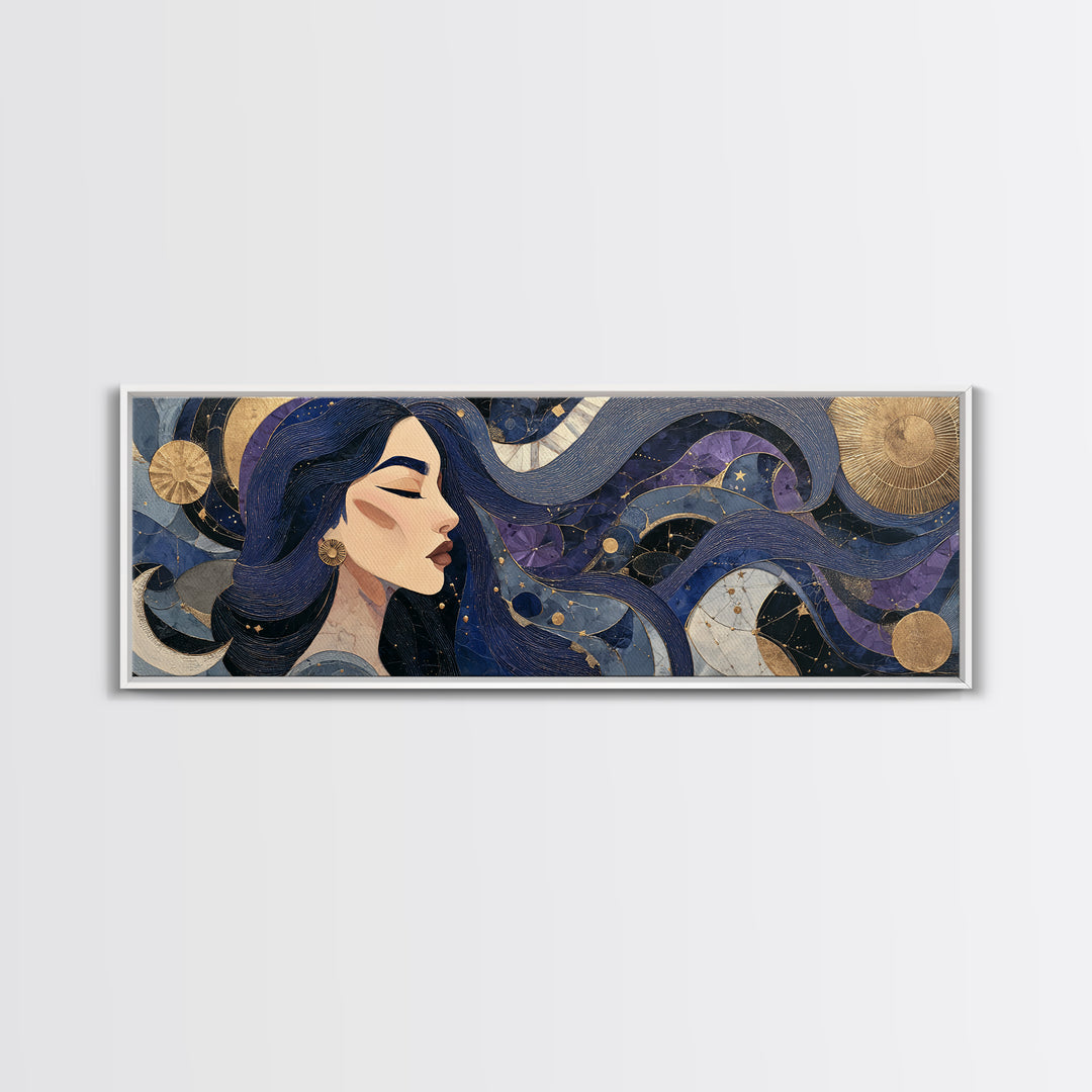 Celestial Goddess with Flowing Midnight Hair Canvas Print, Celestial Art, Gallery Decor, Living Room Decor, Fine Art, Celestial, CEL-3x1-95