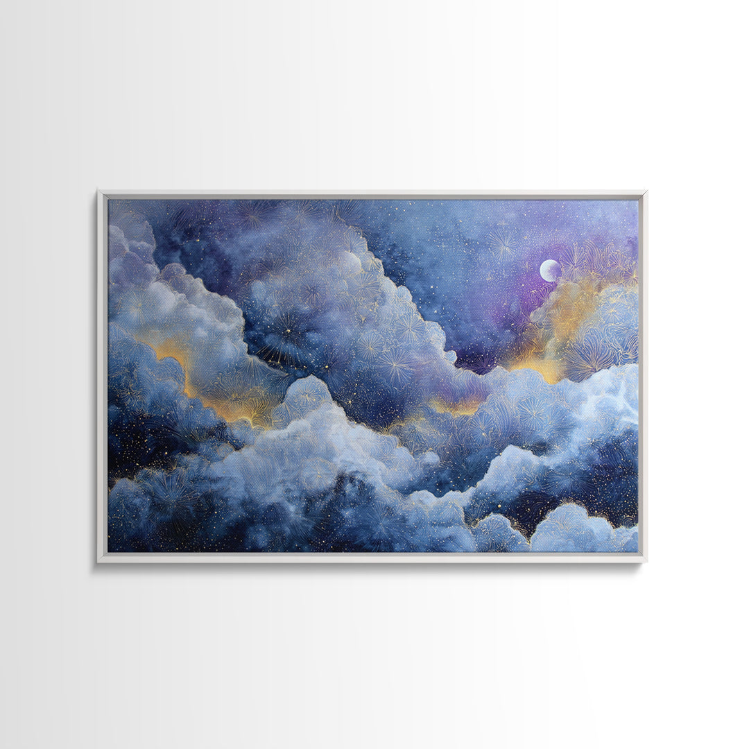 Moonlit Cloudscape with Silver Highlights Canvas Print, Celestial Art, Printable Art, Living Room Decor, Celestial, CEL-3x2-13