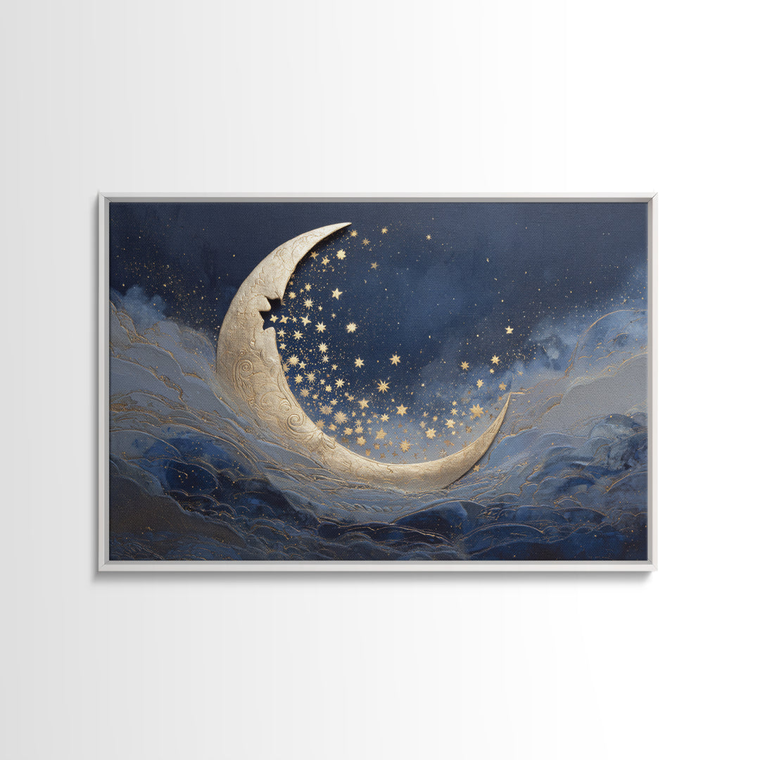 Crescent Moon Cradling a Cluster of Stars Canvas Print, Celestial Art, Modern Art, Living Room Decor, Fine Art, Celestial, CEL-3x2-29