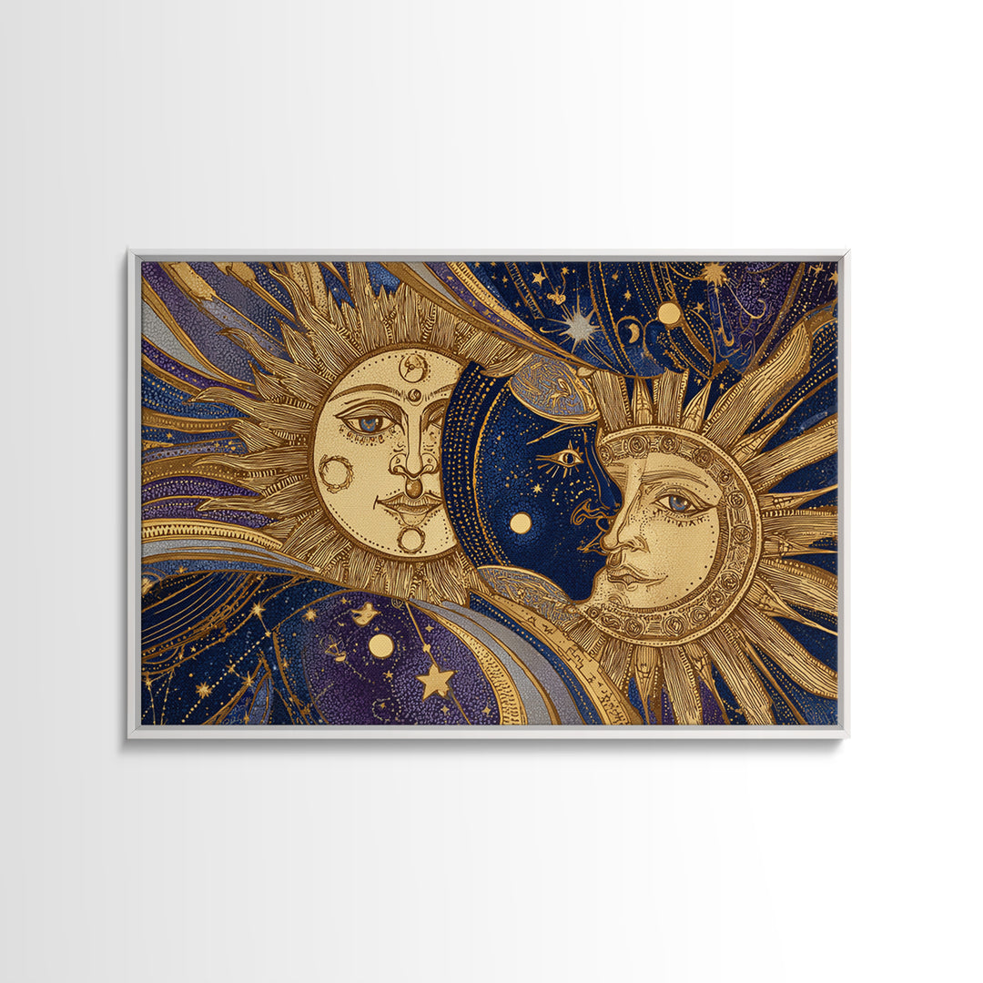 Sun and Moon Faces Canvas Print, Celestial Art, Boho Wall Art, Living Room Decor, Fine Art, Celestial, Boho Home Decor, CEL-3x2-54