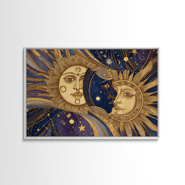 Sun and Moon Faces Canvas Print, Celestial Art, Boho Wall Art, Living Room Decor, Fine Art, Celestial, Boho Home Decor, CEL-3x2-54