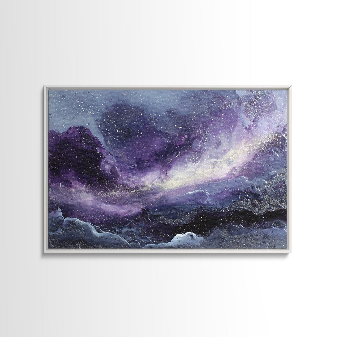 Dreamlike Comet Crossing a Violet Sky Framed Canvas Print, Celestial Art, Colorful Wall Art, Living Room Decor, Abstract Art, CEL-3x2-64