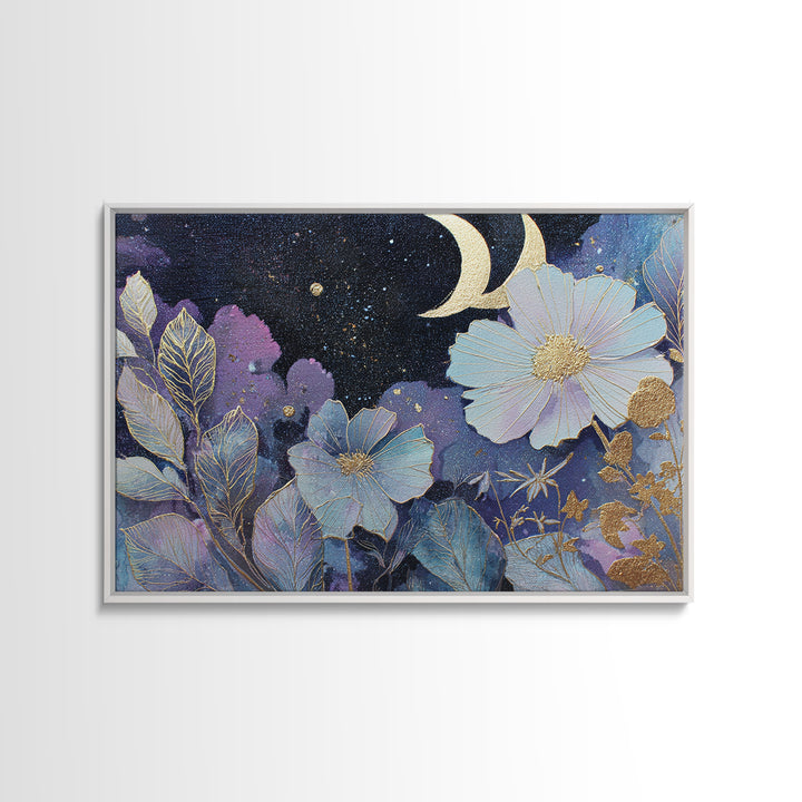 Lunar Phase Arc Above Delicate Botanicals Framed Canvas Print, Celestial Art, Art Prints, Living Room Decor, Celestial, CEL-3x2-8