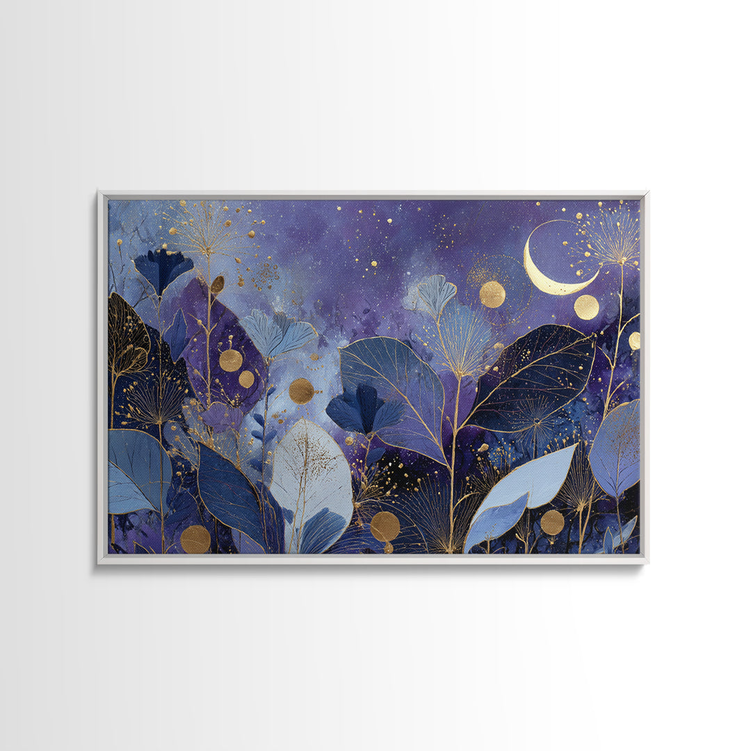 Lunar Phase Arc Above Delicate Botanicals Framed Canvas Print, Celestial Art, Art Nouveau Decor, Living Room Decor, Celestial, CEL-3x2-80