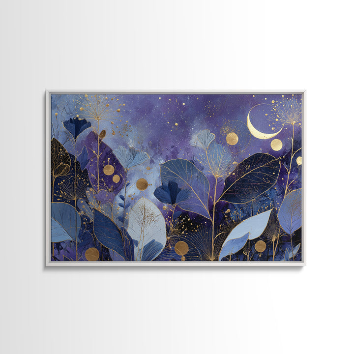 Lunar Phase Arc Above Delicate Botanicals Framed Canvas Print, Celestial Art, Art Nouveau Decor, Living Room Decor, Celestial, CEL-3x2-80