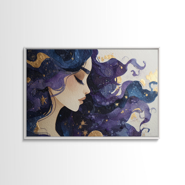 Celestial Goddess with Flowing Midnight Hair Canvas Print, Celestial Art, Neutral Decor, Living Room Decor, Fine Art, Celestial, CEL-3x2-83