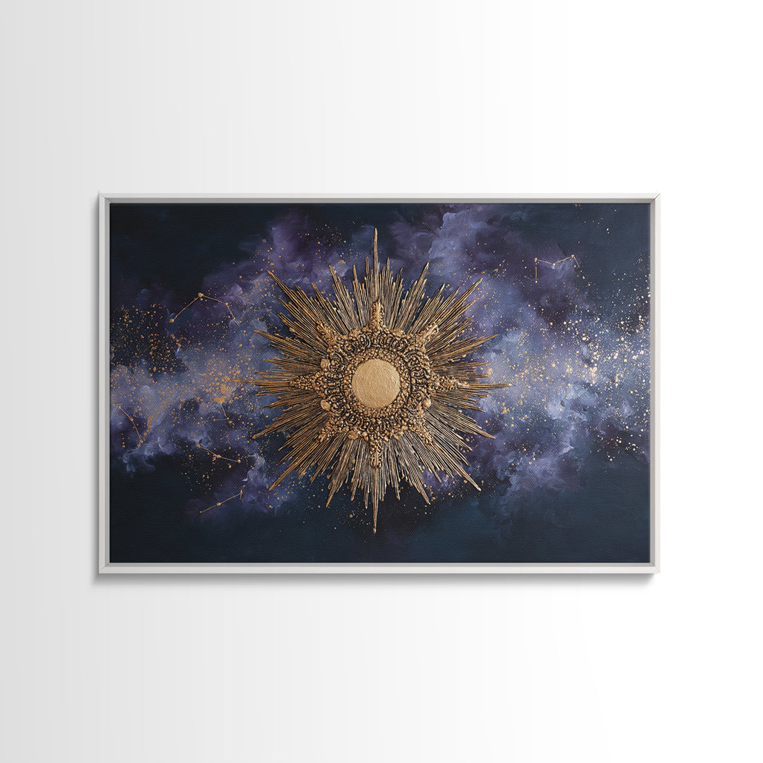 Sunburst Medallion with Ornate Rays Canvas Print, Celestial Art, Whimsical Art, Living Room Decor, Oil Painting, Celestial, CEL-3x2-89