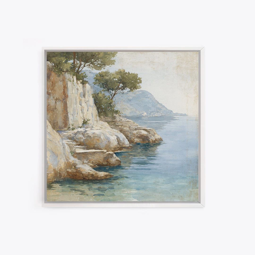 Mediterranean Cove with Cliff Shadows Framed Canvas Print, Coastal Art, Gallery Decor, Coastal Decor, Fine Art, Coastal, COA-1x1-41