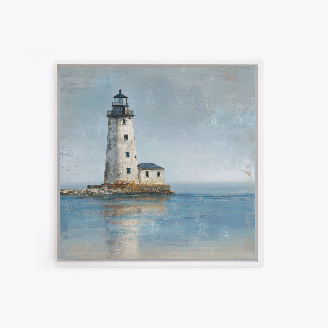 Whitewashed Lighthouse Against Cloudy Sky Canvas Print, Coastal Art, Living Room Art, Coastal Decor, Oil Painting, Coastal, COA-1x1-54