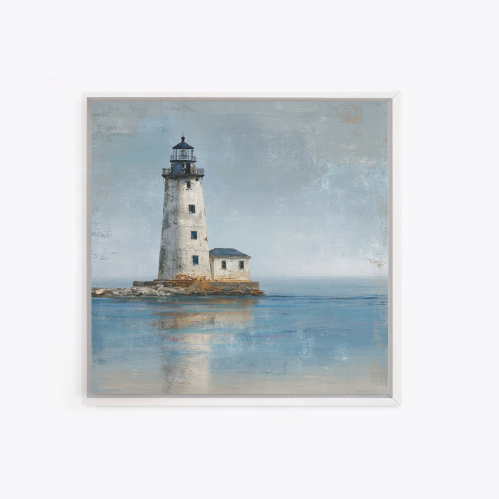 Whitewashed Lighthouse Against Cloudy Sky Canvas Print, Coastal Art, Living Room Art, Coastal Decor, Oil Painting, Coastal, COA-1x1-54