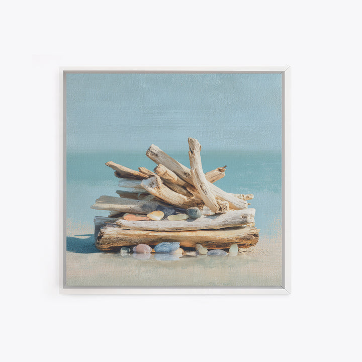Driftwood and Sea Glass Still Life Canvas Print, Coastal Art, Ocean Wall Art, Coastal Decor, Watercolor Art, Coastal, COA-1x1-55