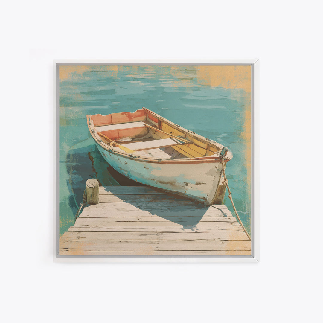 Small Rowboat Tied to a Wooden Dock Framed Canvas Print, Coastal Art, Gallery Decor, Coastal Decor, Fine Art, Coastal, COA-1x1-67