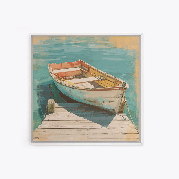 Small Rowboat Tied to a Wooden Dock Framed Canvas Print, Coastal Art, Gallery Decor, Coastal Decor, Fine Art, Coastal, COA-1x1-67