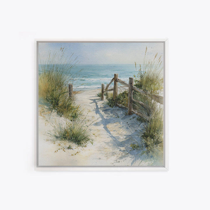 Soft Watercolor Dune Fence Scene Framed Canvas Print, Coastal Art, Textured Painting, Coastal Decor, Fine Art, Coastal, COA-1x1-88