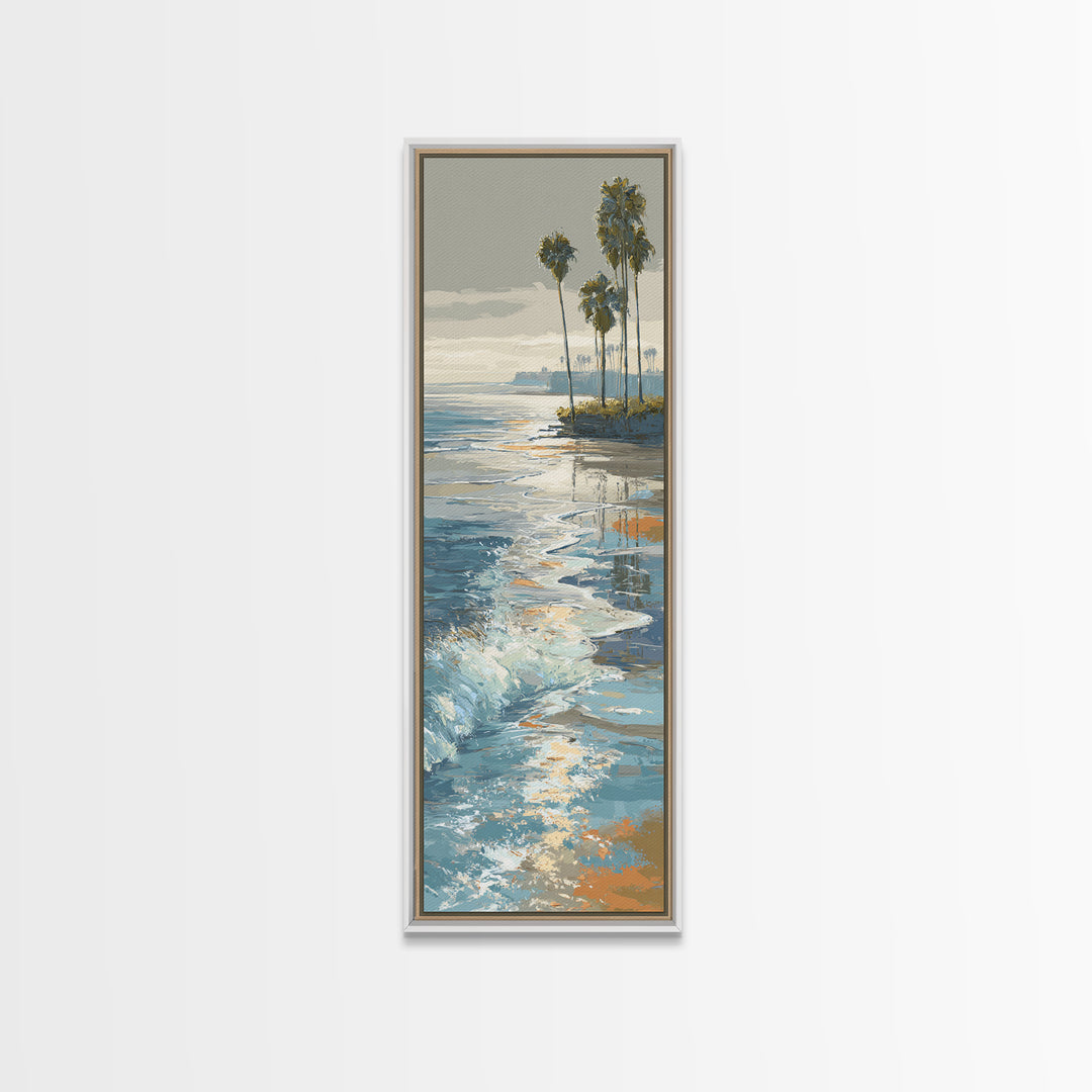 Moonlit Ocean with Silver Surf Framed Canvas Print, Coastal Art, Living Room Art, Coastal Decor, Watercolor Art, Coastal, COA-1x3-58