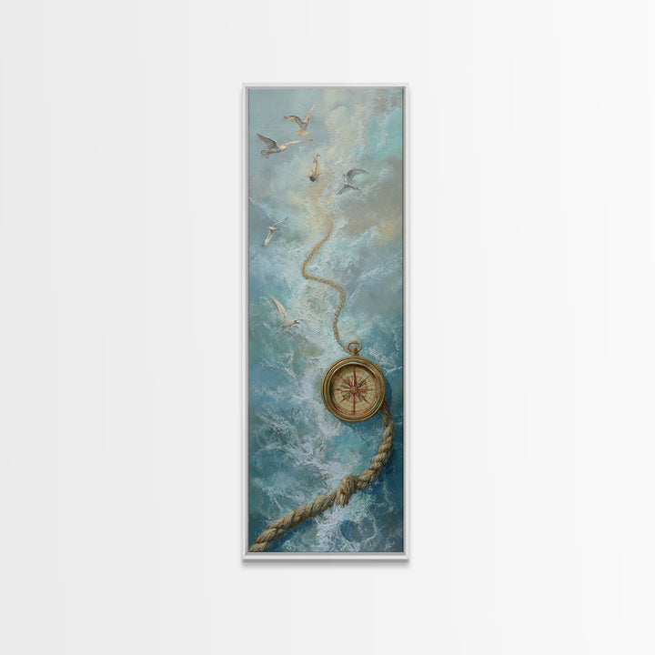 Weathered Nautical Rope and Brass Compass Framed Canvas Print, Coastal Art, Coastal Decor, Fine Art, Coastal, Fine Art Print, COA-1x3-75