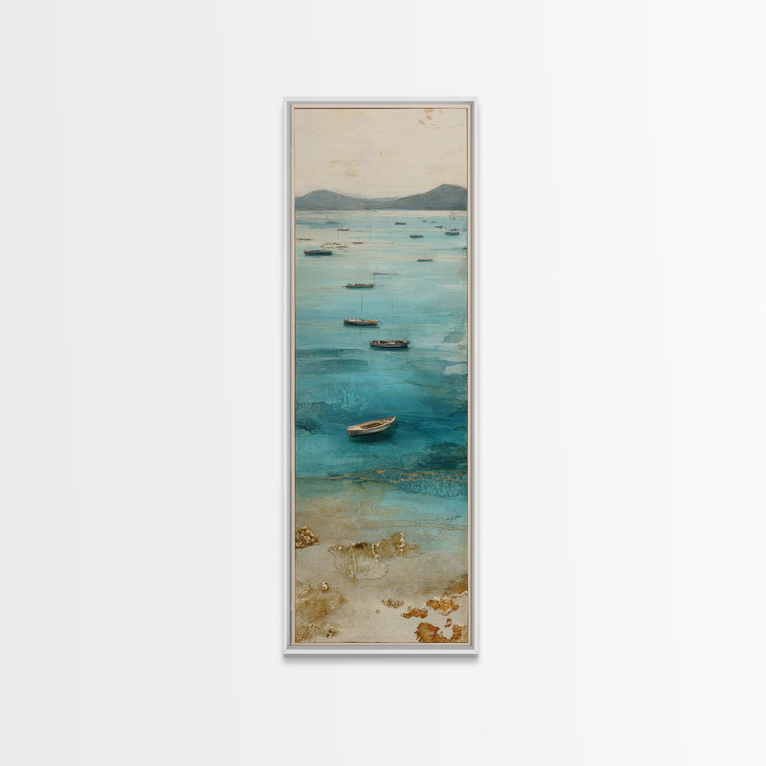 Foggy Harbor with Distant Boats Framed Canvas Print, Coastal Art, Beach Decor, Coastal Decor, Abstract Art, Coastal, COA-1x3-96
