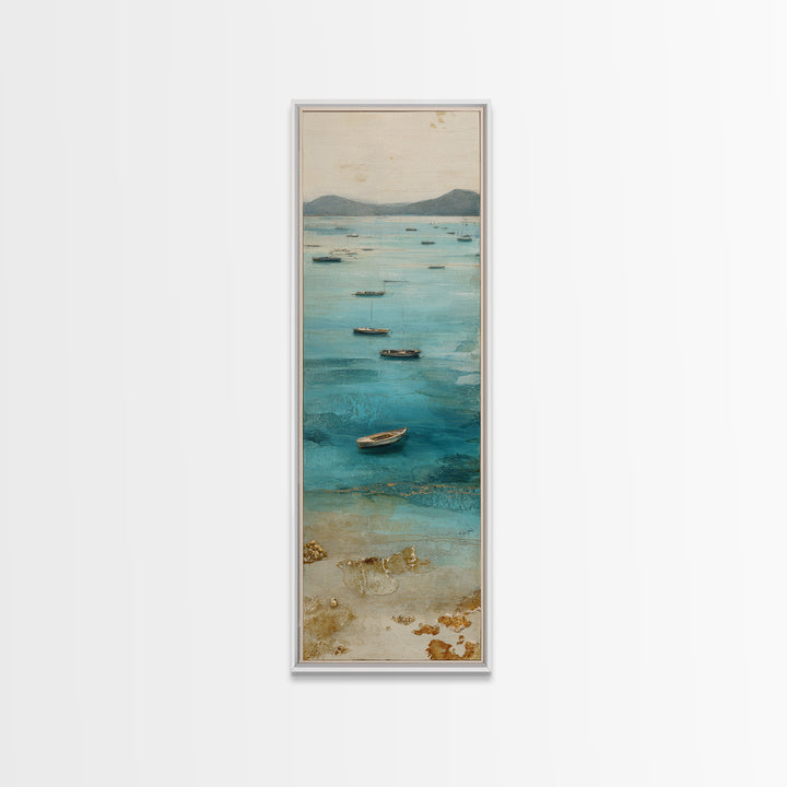Foggy Harbor with Distant Boats Framed Canvas Print, Coastal Art, Beach Decor, Coastal Decor, Abstract Art, Coastal, COA-1x3-96