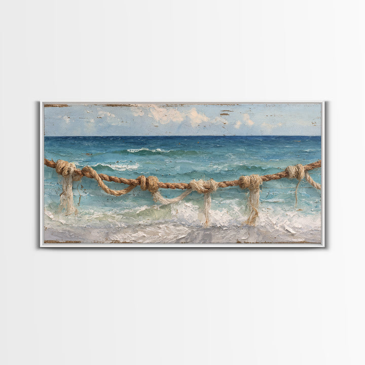 Weathered Nautical Rope and Brass Compass Framed Canvas Print, Coastal Art, Coastal Decor, Oil Painting, Coastal, COA-2x1-35