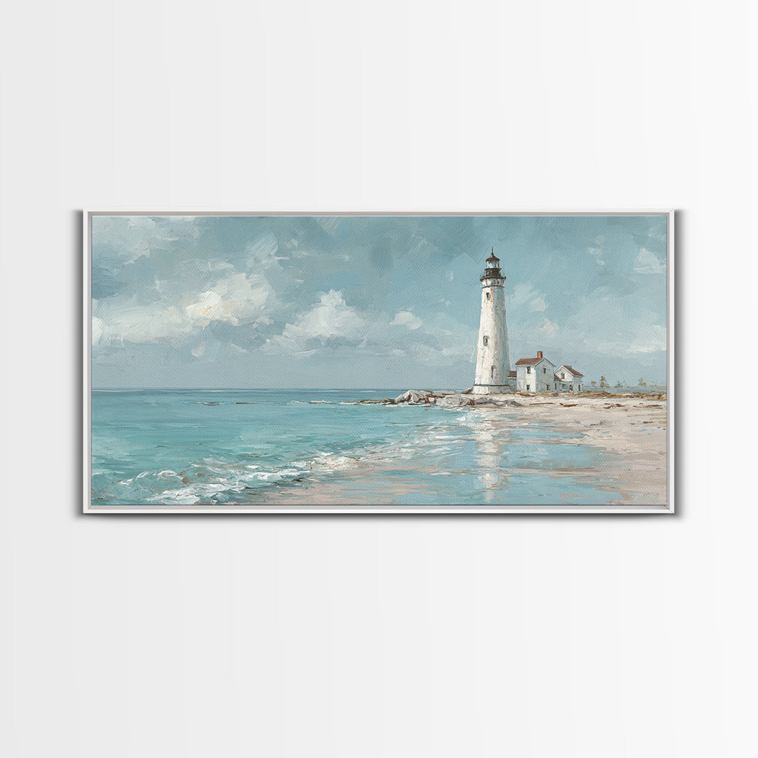 Whitewashed Lighthouse Against Cloudy Sky Framed Canvas Print, Coastal Art, Minimalist Decor, Coastal Decor, Fine Art, Coastal, COA-2x1-50