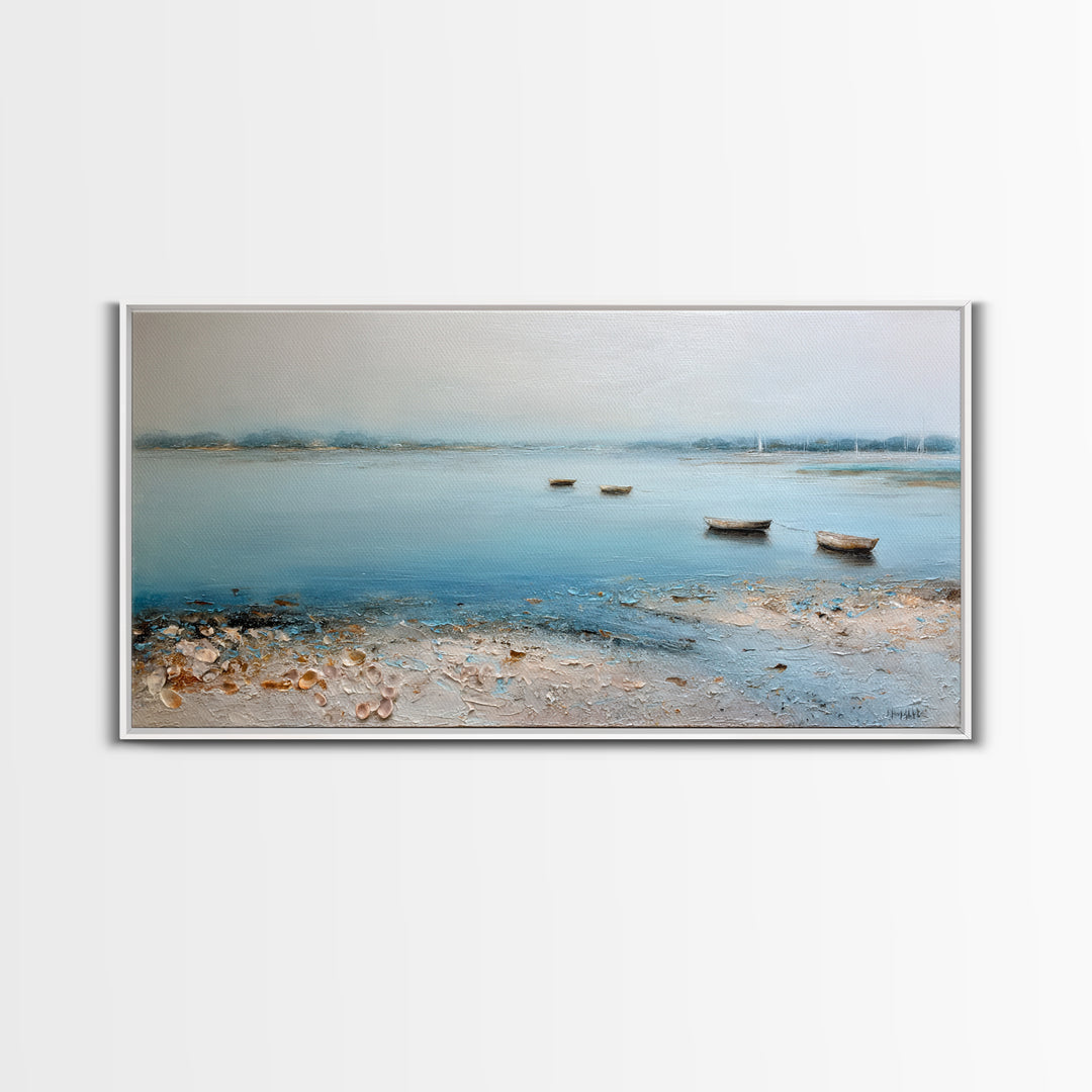 Foggy Harbor with Distant Boats Framed Canvas Print, Coastal Art, Original Painting, Coastal Decor, Fine Art, Coastal, COA-2x1-56