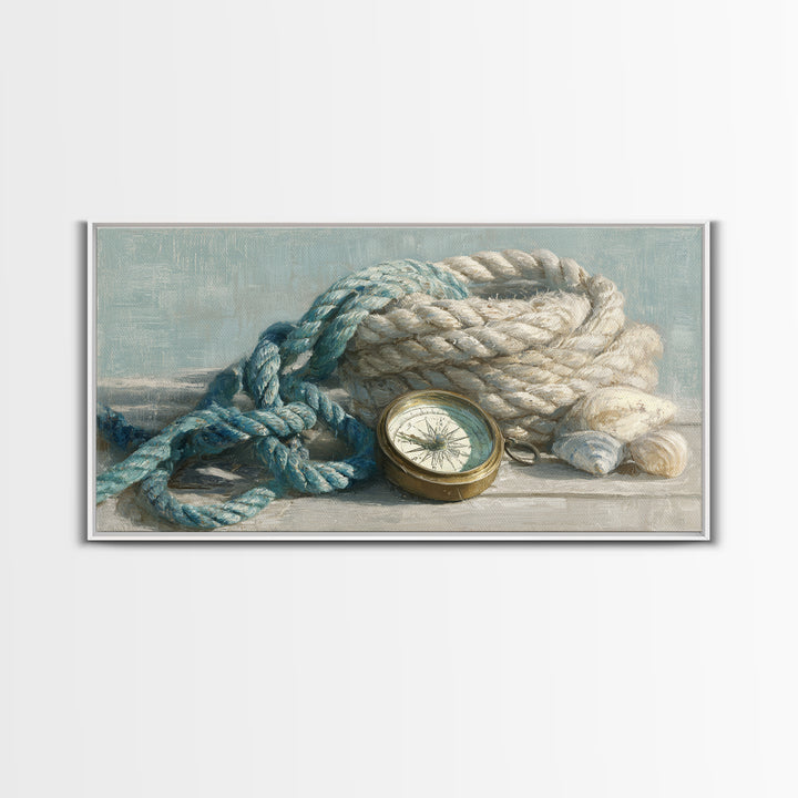 Weathered Nautical Rope and Brass Compass Framed Canvas Print, Coastal Art, Landscape Painting, Coastal Decor, Watercolor Art, COA-2x1-59
