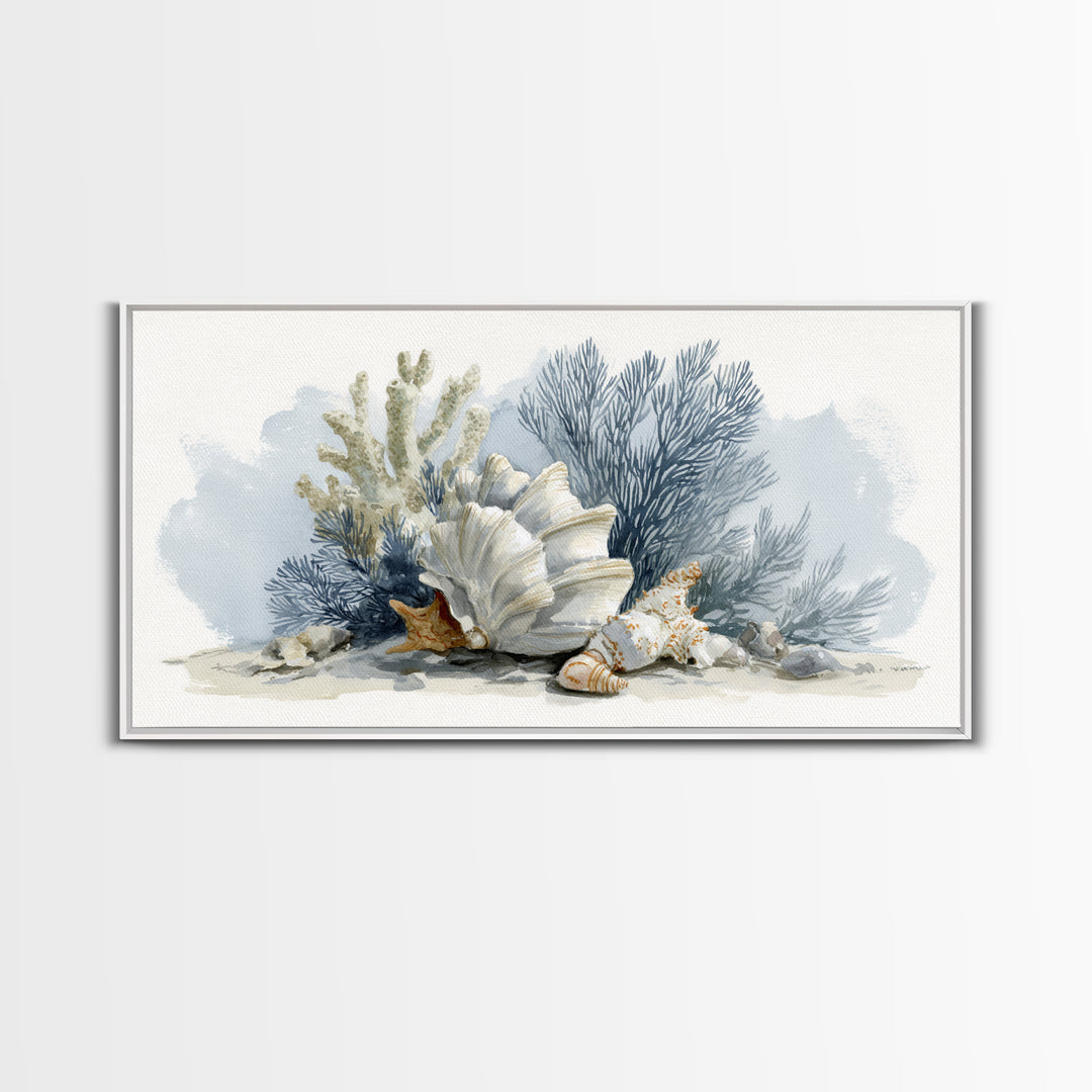 Shell and Coral Specimen Arrangement Framed Canvas Print, Coastal Art, Wall Decor, Coastal Decor, Coastal, Nautical Decor, COA-2x1-7