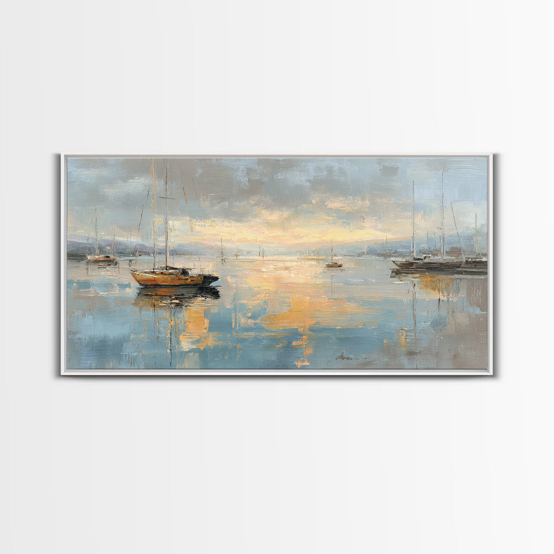 Foggy Harbor with Distant Boats Framed Canvas Print, Coastal Art, Coastal Decor, Fine Art, Coastal, Oyster Art, Gallery Decor, COA-2x1-80