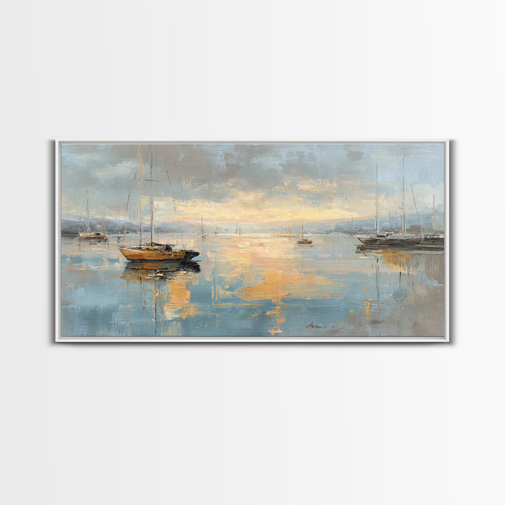 Foggy Harbor with Distant Boats Framed Canvas Print, Coastal Art, Coastal Decor, Fine Art, Coastal, Oyster Art, Gallery Decor, COA-2x1-80