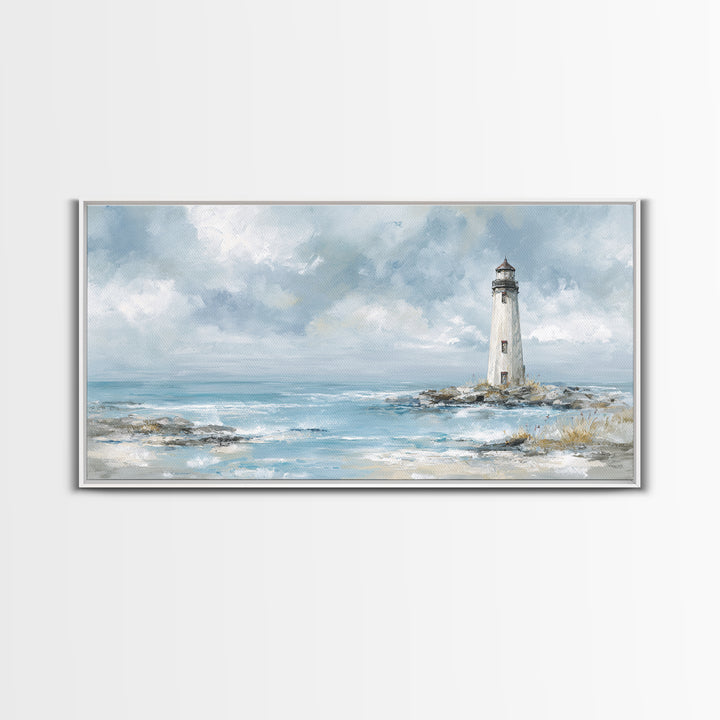 Whitewashed Lighthouse Against Cloudy Sky Canvas Print, Coastal Art, Printable Wall Art, Coastal Decor, Watercolor Art, Coastal, COA-2x1-98