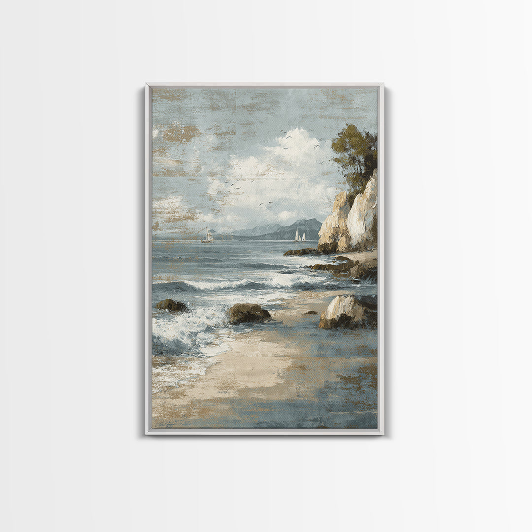 Mediterranean Cove with Cliff Shadows Framed Canvas Print, Coastal Art, Wall Art, Coastal Decor, Fine Art, Coastal, Bird Art, COA-2x3-1