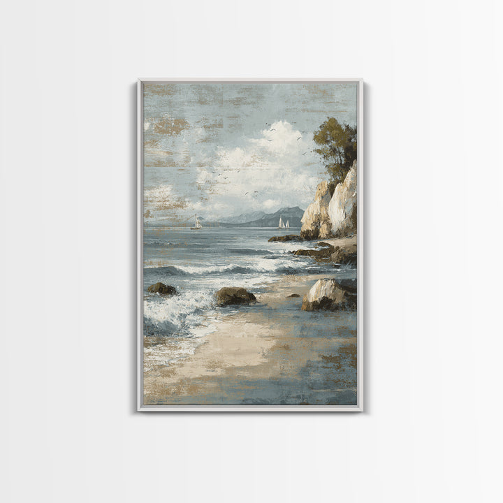 Mediterranean Cove with Cliff Shadows Framed Canvas Print, Coastal Art, Wall Art, Coastal Decor, Fine Art, Coastal, Bird Art, COA-2x3-1