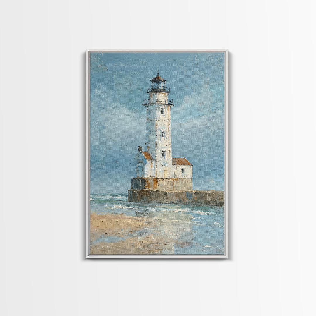 Whitewashed Lighthouse Against Cloudy Sky Framed Canvas Print, Coastal Art, Wall Art, Coastal Decor, Fine Art, Coastal, COA-2x3-38