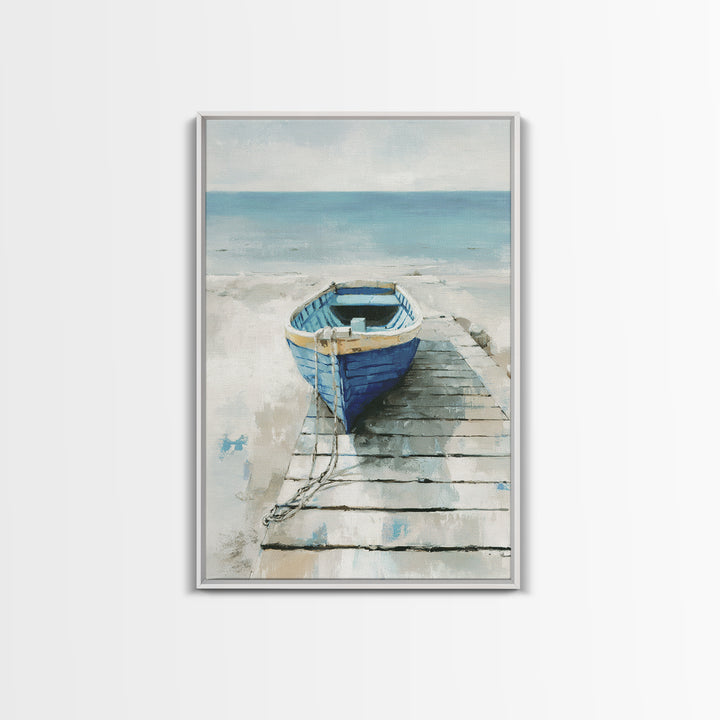 Small Rowboat Tied to a Wooden Dock Framed Canvas Print, Coastal Art, Room Decor, Coastal Decor, Oil Painting, Coastal, COA-2x3-51