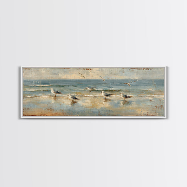 Seagulls Crossing a Muted Sky Framed Canvas Print, Coastal Art, Original Painting, Coastal Decor, Coastal, Beach Decor, COA-3x1-2