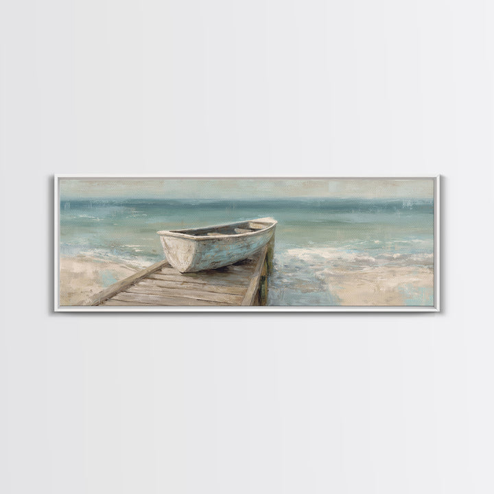 Small Rowboat Tied to a Wooden Dock Framed Canvas Print, Coastal Art, Wall Art, Coastal Decor, Fine Art, Coastal, Bird Art, COA-3x1-59