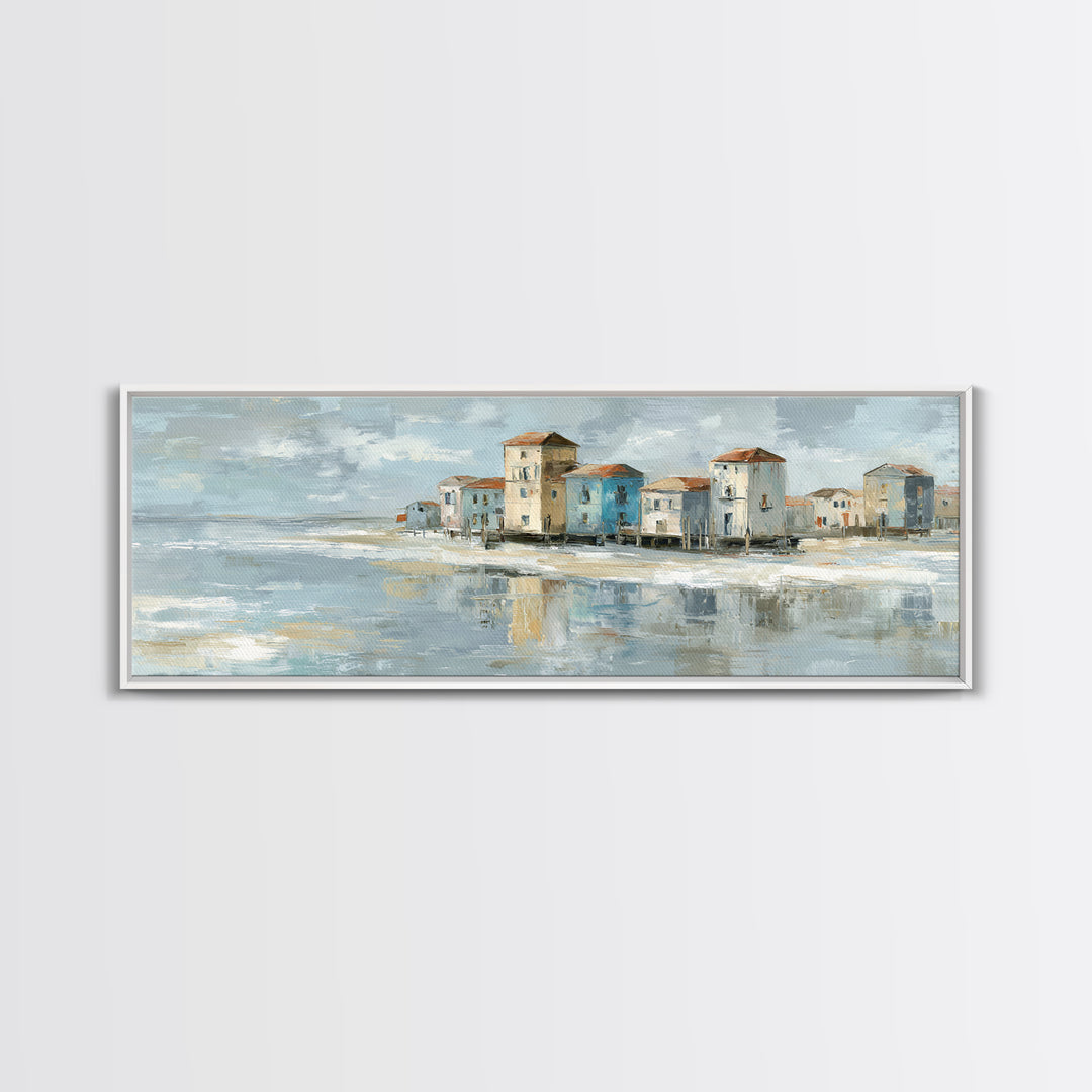 Coastal Village Rooftops Seen from the Sea Framed Canvas Print, Coastal Art, Living Room Art, Coastal Decor, Fine Art, Coastal, COA-3x1-73