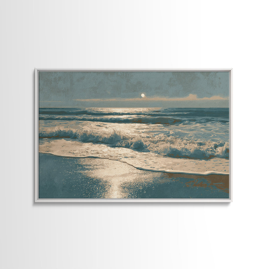 Moonlit Ocean with Silver Surf Framed Canvas Print, Coastal Art, Printable Wall Art, Coastal Decor, Fine Art, Coastal, COA-3x2-2