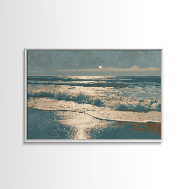 Moonlit Ocean with Silver Surf Framed Canvas Print, Coastal Art, Printable Wall Art, Coastal Decor, Fine Art, Coastal, COA-3x2-2