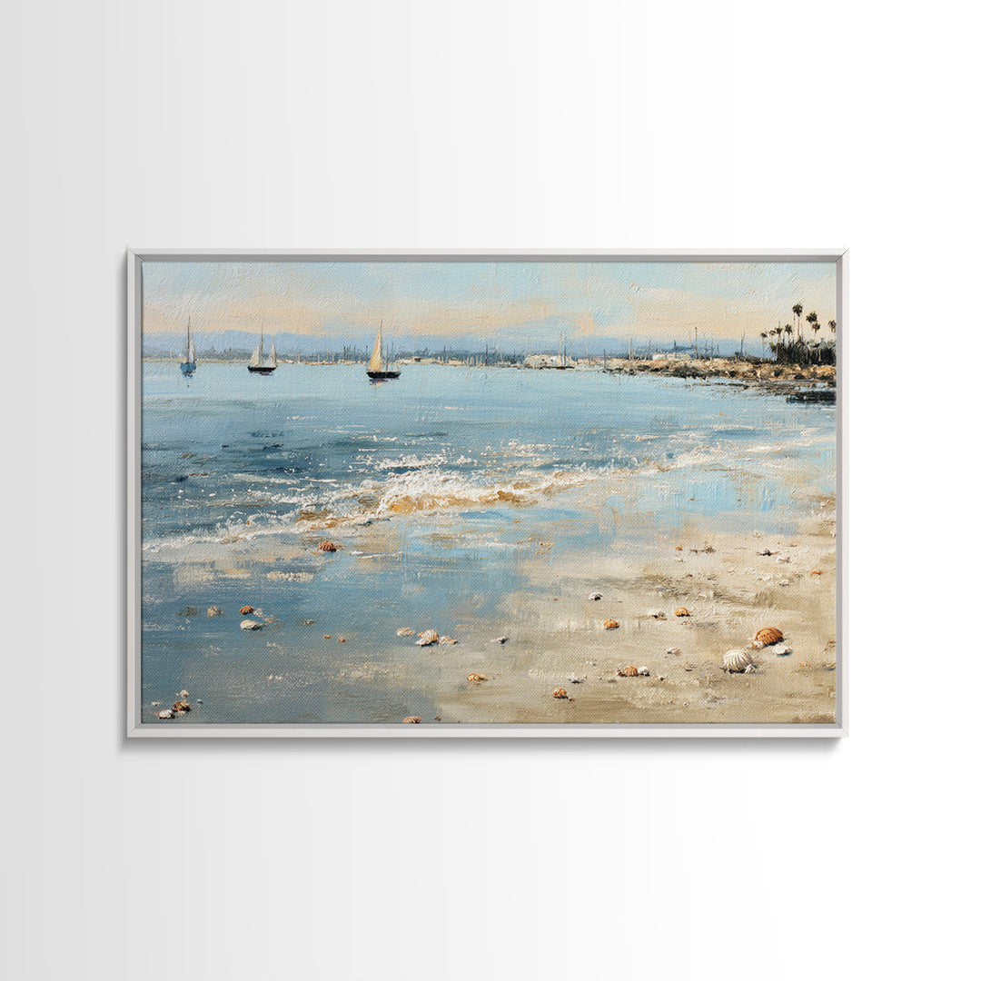 Foggy Harbor with Distant Boats Framed Canvas Print, Coastal Art, Beach Wall Art, Coastal Decor, Oil Painting, Coastal, COA-3x2-40